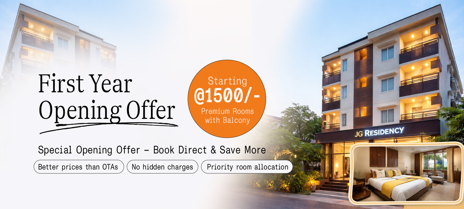 JG Residency hotel in AECS Layout Brookefield with deluxe room showcasing direct booking opening offer